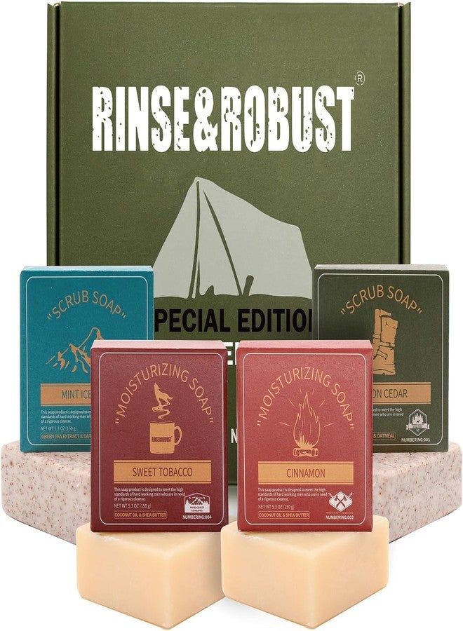 Rinse & Robust Mens Bar Soap Cleansing Bar Moisturizing & Exfoliating Scrub Soap Gift Set for Men | 4 in 1 Face Body Hand Beard Wash | Cinnamon, Lemon Cedar, Mint Ice Chips, Tobacco | 5.3 oz of 4 Bars - Image 1