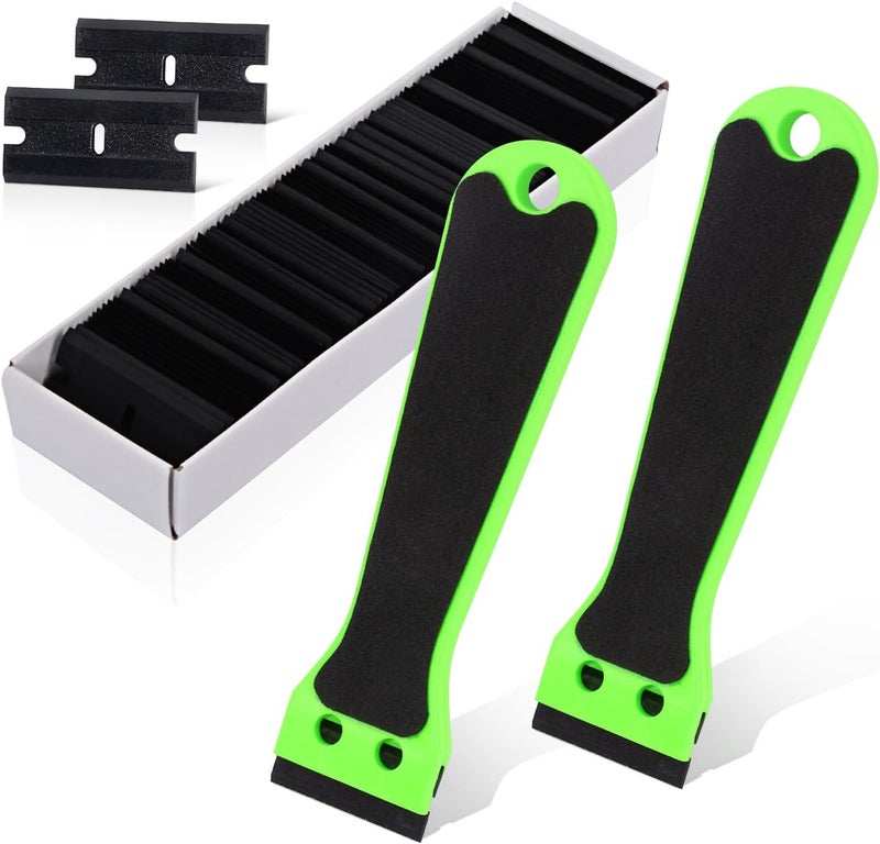 Ehdis 2pcs Plastic Razor Scraper 6-inch Long Handle Adhesive Remover Tool with 100 Double-Edge Blades for Window Tint Vinyl Scraper Decal Sticker Glue Remove (‌Neon-Green) - Image 1