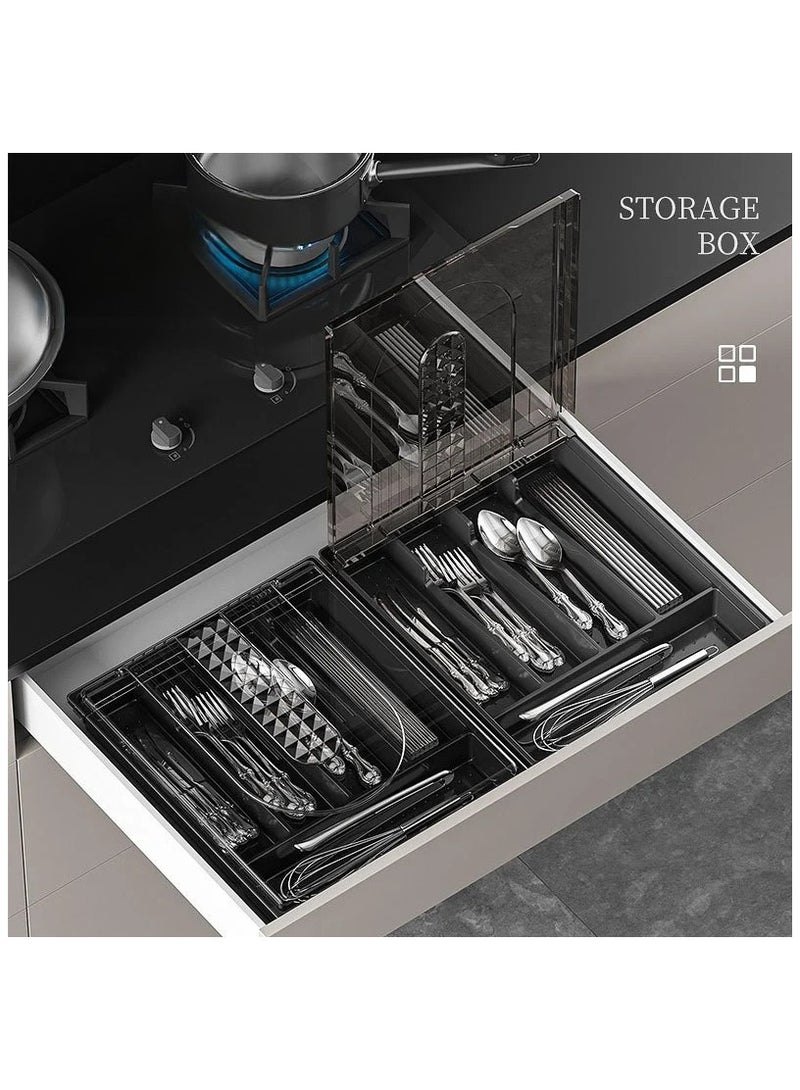 Silverware Tray 5 Compartments Covered Utensil Tray for Drawer and Countertop Spoons Forks Knives Holder Plastic Cutlery and Flatware Storage Box with Lid (brown,With lid)  - Image 4
