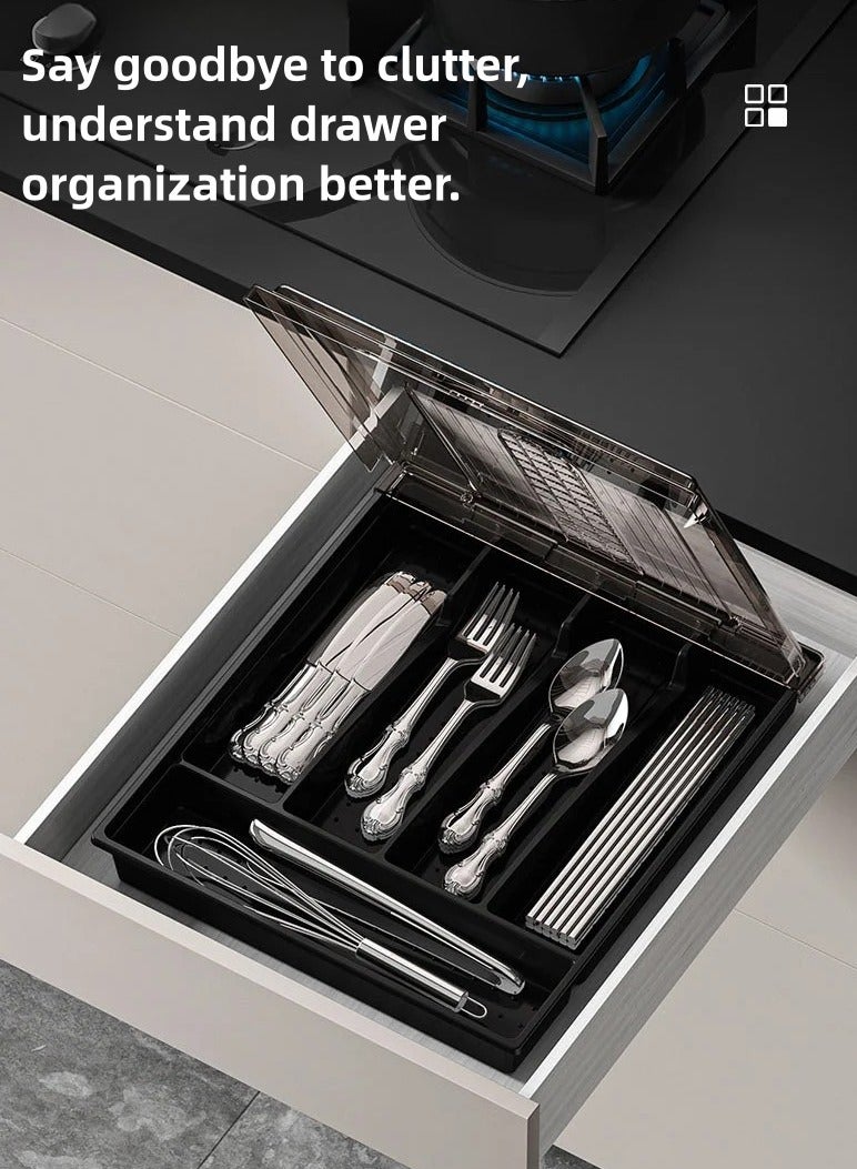 Silverware Tray 5 Compartments Covered Utensil Tray for Drawer and Countertop Spoons Forks Knives Holder Plastic Cutlery and Flatware Storage Box with Lid (brown,With lid)  - Image 3