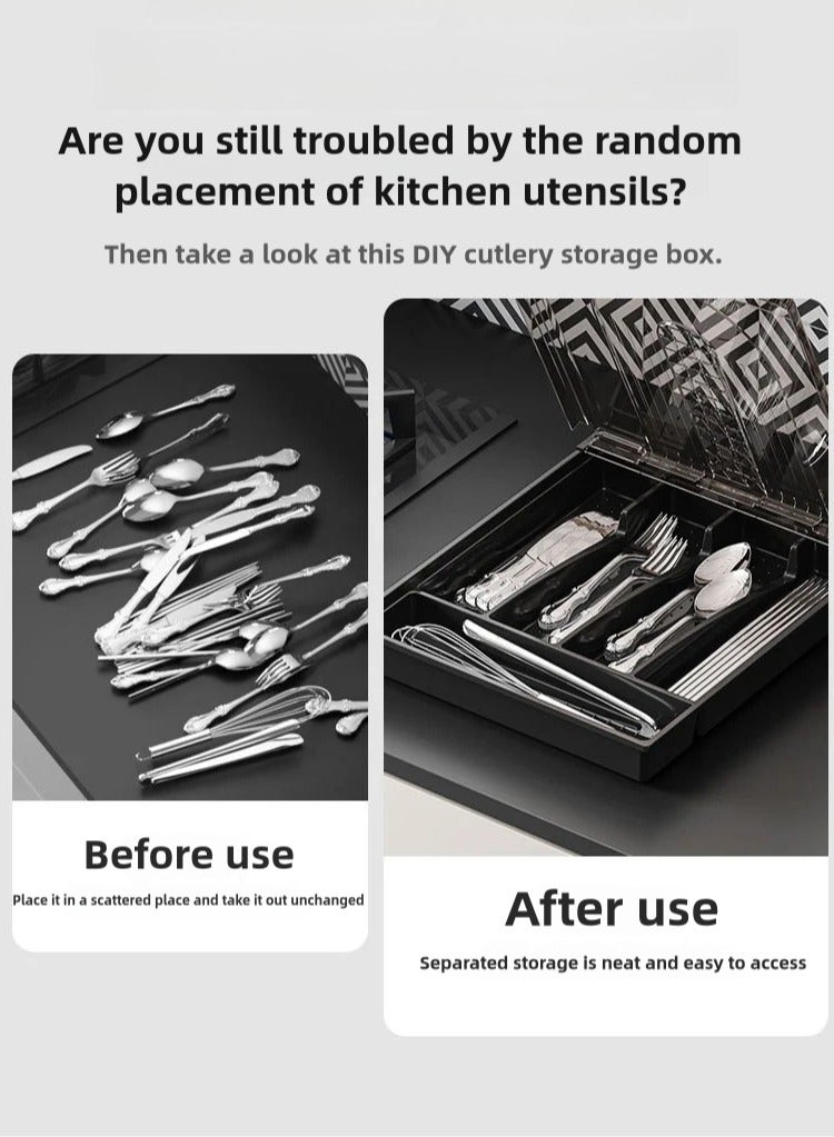 Silverware Tray 5 Compartments Covered Utensil Tray for Drawer and Countertop Spoons Forks Knives Holder Plastic Cutlery and Flatware Storage Box with Lid (brown,With lid)  - Image 5