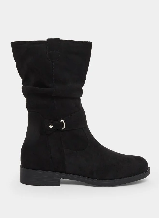 Black Suede Look Buckle Detail Boots