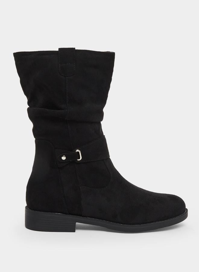 Styli Black Suede Look Buckle Detail Boots - Image 1