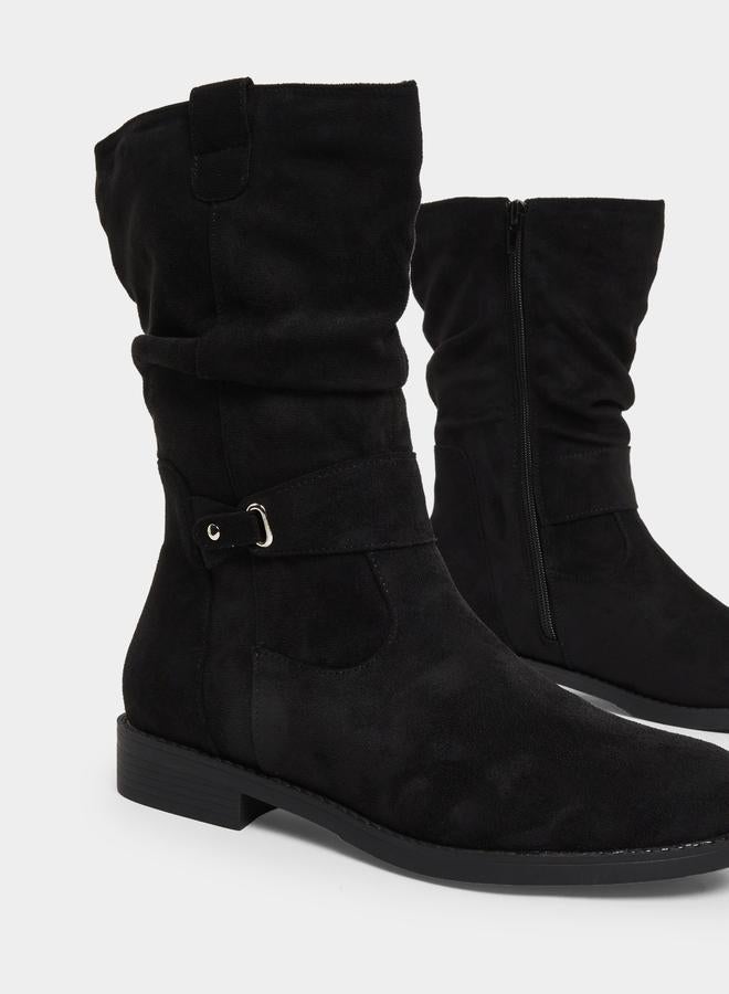 Styli Black Suede Look Buckle Detail Boots - Image 4