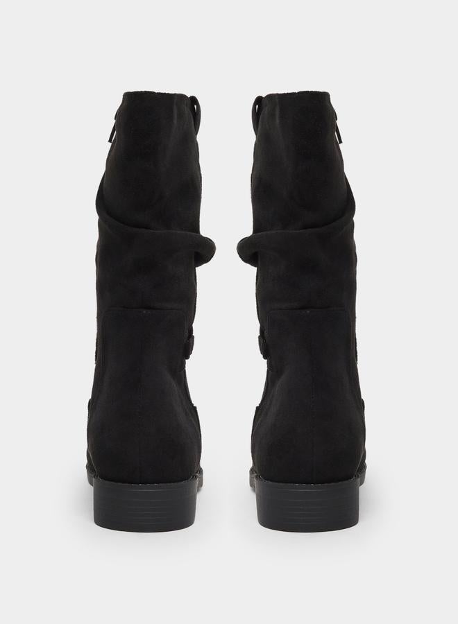 Styli Black Suede Look Buckle Detail Boots - Image 5