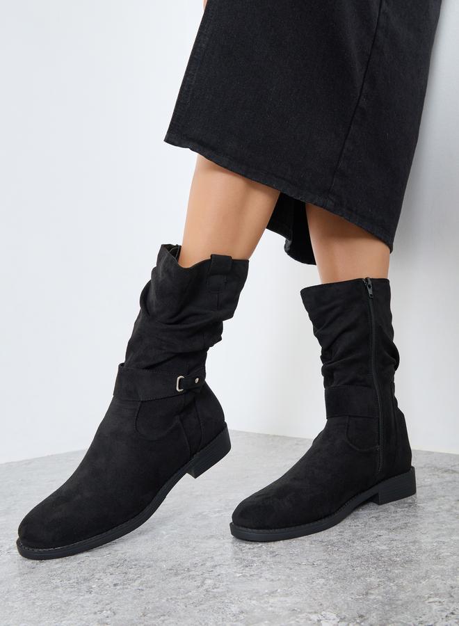 Styli Black Suede Look Buckle Detail Boots - Image 2