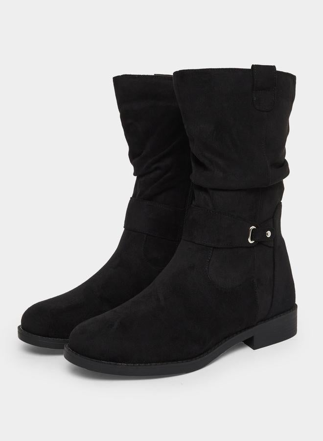 Styli Black Suede Look Buckle Detail Boots - Image 3