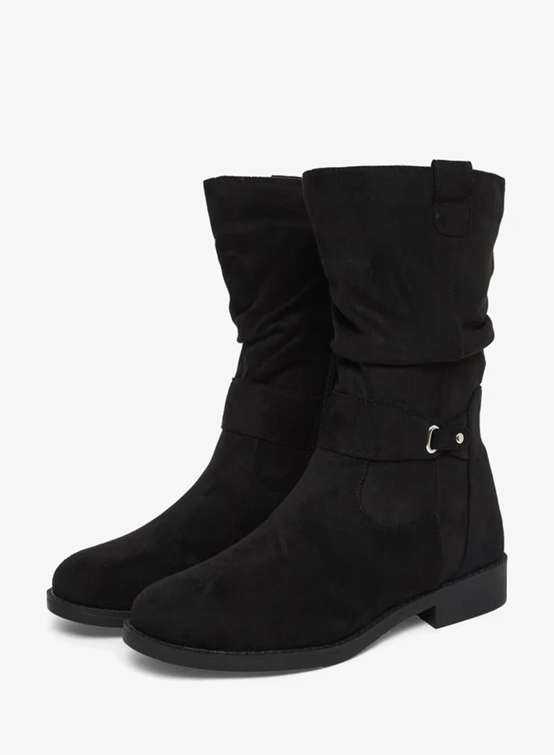 Styli Black Suede Look Buckle Detail Boots