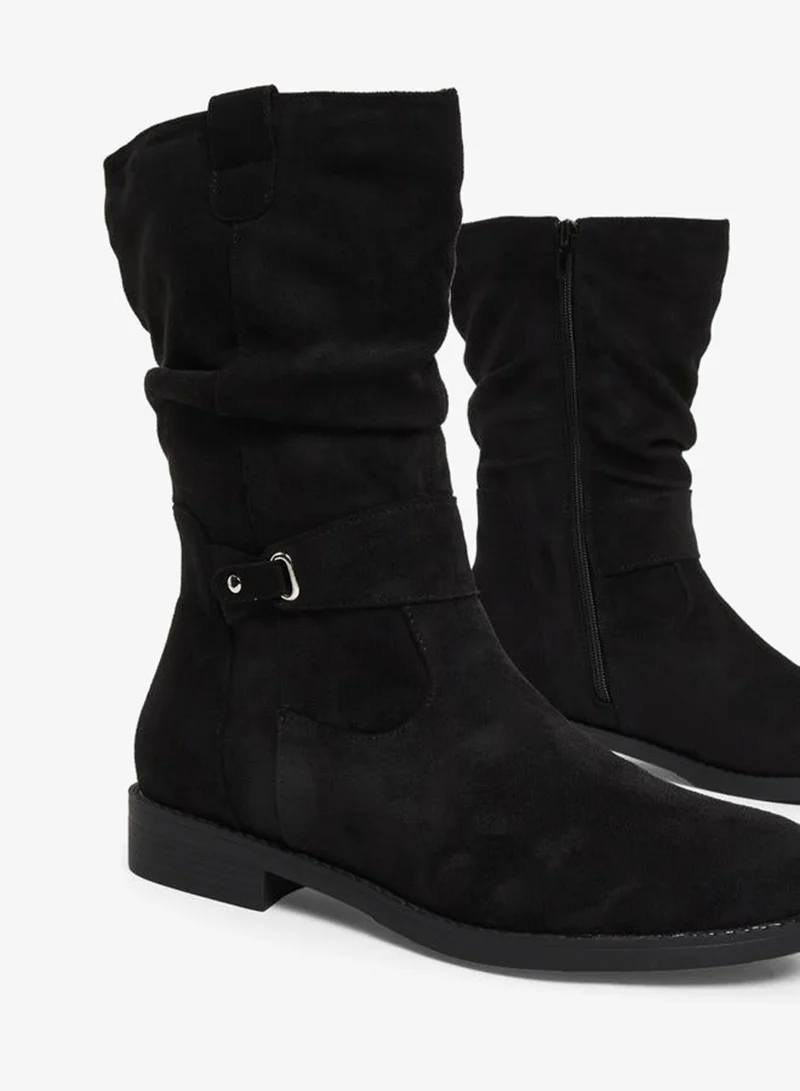 Styli Black Suede Look Buckle Detail Boots