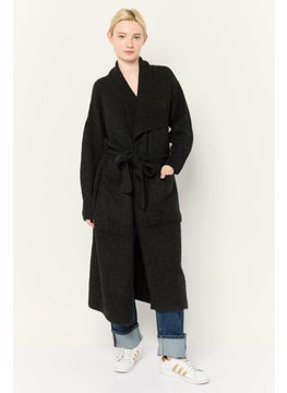 ESPRIT Women Split Neck Knitted Belted Long Cardigan, Black  - Image 1