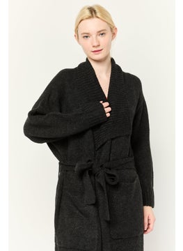 ESPRIT Women Split Neck Knitted Belted Long Cardigan, Black  - Image 2