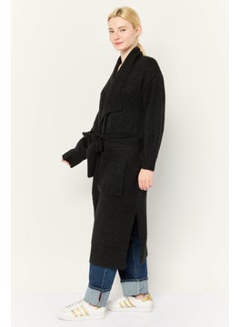 ESPRIT Women Split Neck Knitted Belted Long Cardigan, Black  - Image 3