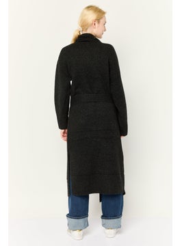 ESPRIT Women Split Neck Knitted Belted Long Cardigan, Black  - Image 4