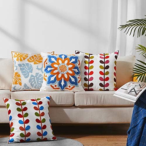 KITTMIN Embroidered Throw Pillow Covers Set of 2,18x18,Farmhouse Fall Boho Floral Pattern Pillows Cover， Decorative Pillowcase,Durable Cozy Textured Cushion Case for Sofa Couch Bed Living Room Orange - Image 4