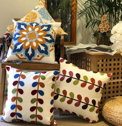 KITTMIN Embroidered Throw Pillow Covers Set of 2,18x18,Farmhouse Fall Boho Floral Pattern Pillows Cover， Decorative Pillowcase,Durable Cozy Textured Cushion Case for Sofa Couch Bed Living Room Orange - Image 5