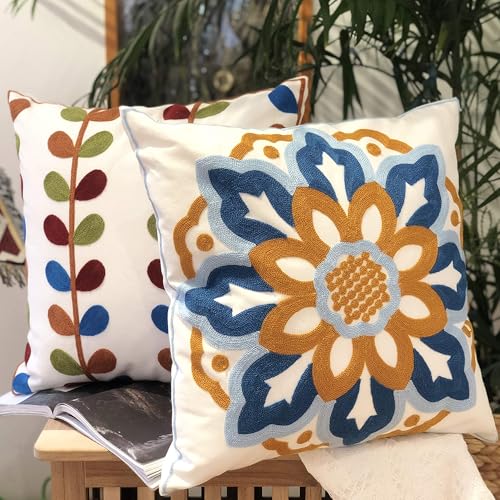 KITTMIN Embroidered Throw Pillow Covers Set of 2,18x18,Farmhouse Fall Boho Floral Pattern Pillows Cover， Decorative Pillowcase,Durable Cozy Textured Cushion Case for Sofa Couch Bed Living Room Orange - Image 3