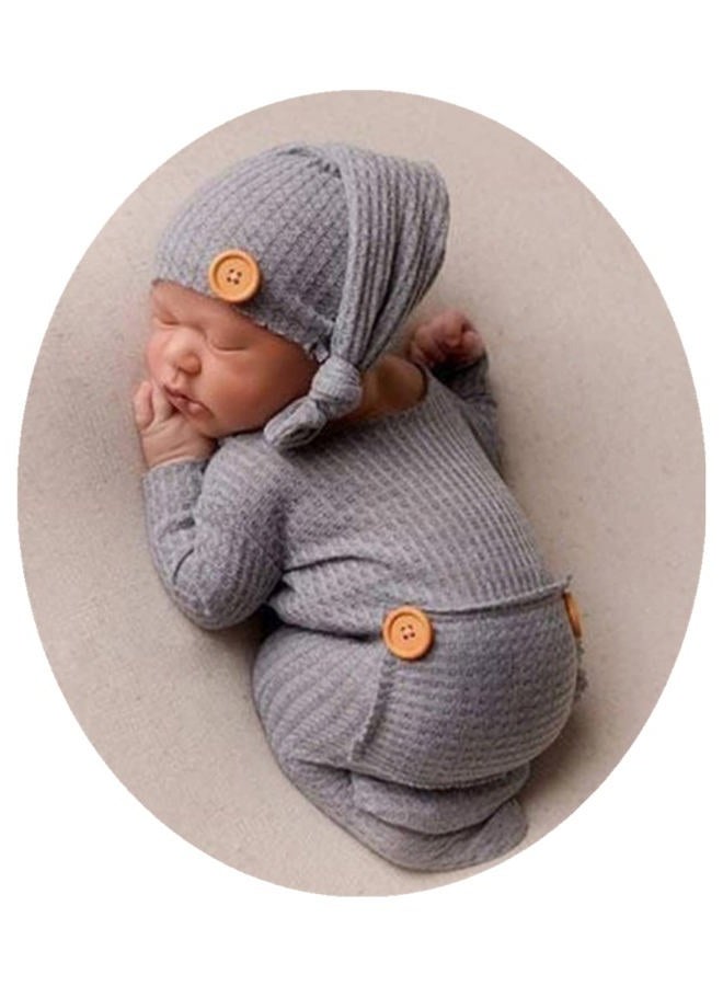 Vedory Fashion Newborn Boys Girls Baby Photo Shoot Props Outfits Crochet Clothes Long Tail Hat Romper Photography Props (gray) - Image 2