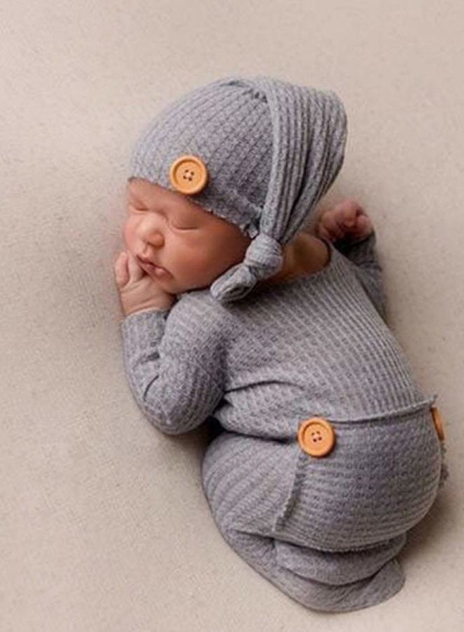 Vedory Fashion Newborn Boys Girls Baby Photo Shoot Props Outfits Crochet Clothes Long Tail Hat Romper Photography Props (gray) - Image 3
