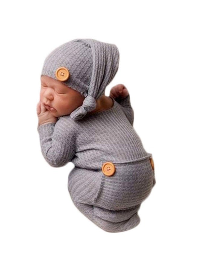 Vedory Fashion Newborn Boys Girls Baby Photo Shoot Props Outfits Crochet Clothes Long Tail Hat Romper Photography Props (gray) - Image 1