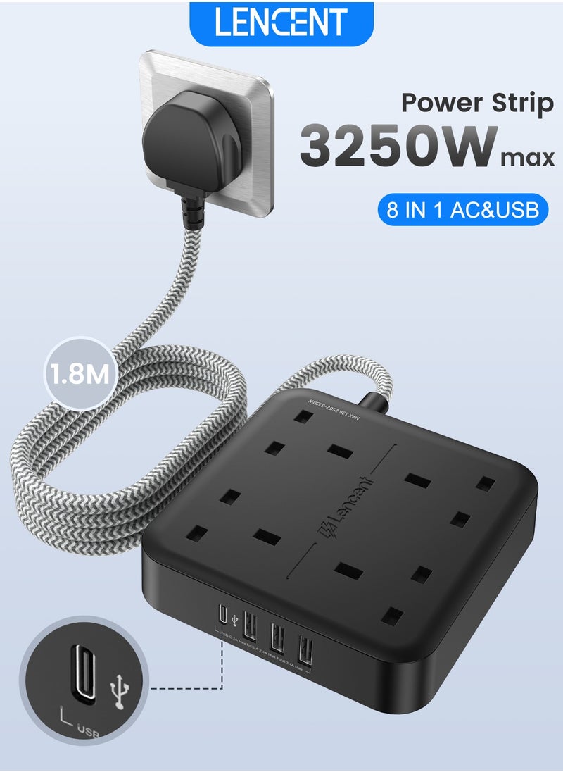 Lencent - Extension Lead with USB C Port, 4 Way Outlets Power Strip with 1 USB-C and 3 USB Slots, Multi Power Plug Extension with 1.8M Braided Extension Cord for Home Office 3250W- Black - Image 1
