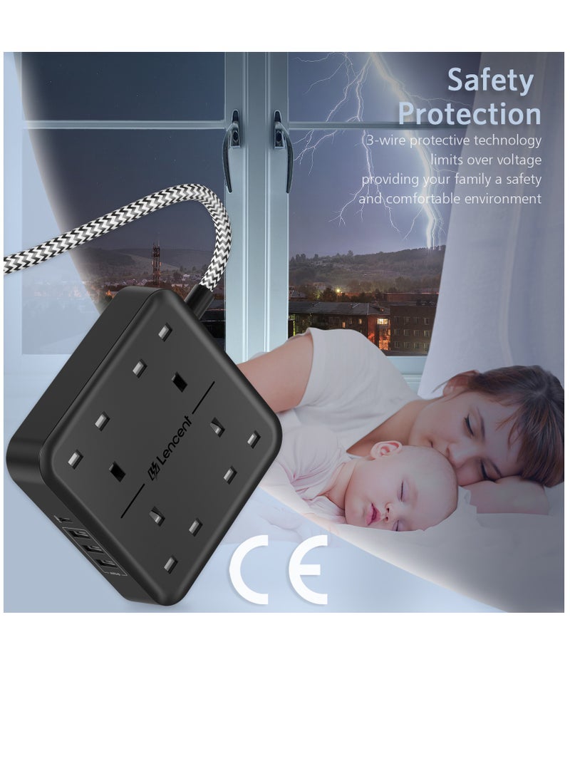 Lencent - Extension Lead with USB C Port, 4 Way Outlets Power Strip with 1 USB-C and 3 USB Slots, Multi Power Plug Extension with 1.8M Braided Extension Cord for Home Office 3250W- Black - Image 1