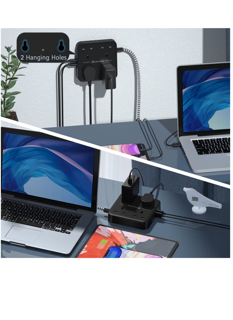 Lencent - Extension Lead with USB C Port, 4 Way Outlets Power Strip with 1 USB-C and 3 USB Slots, Multi Power Plug Extension with 1.8M Braided Extension Cord for Home Office 3250W- Black - Image 1
