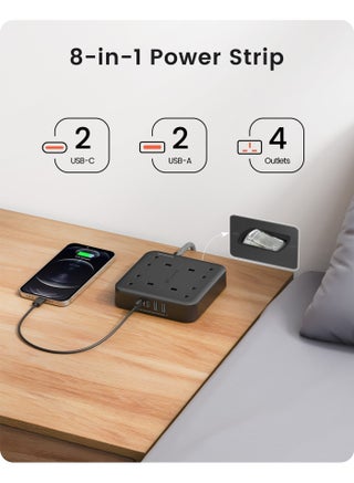Extension Lead with USB C Port, 4 Way Outlets Power Strip with 1 USB-C and 3 USB Slots, Multi Power Plug Extension with 1.8M Braided Extension Cord for Home Office 3250W- Black - view 2
