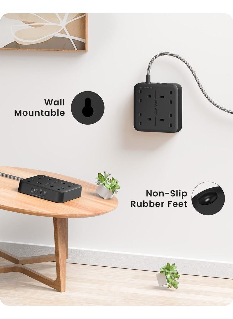 Lencent سلك تمديد LENCENT مع منفذ USB C، شريط طاقة 4 منافذ مع 1 USB-C و3 فتحات USB، وصلة قابس طاقة متعددة مع سلك تمديد مجدول 1.8 متر للمكتب المنزلي 3250 وات - أسود - Image 4