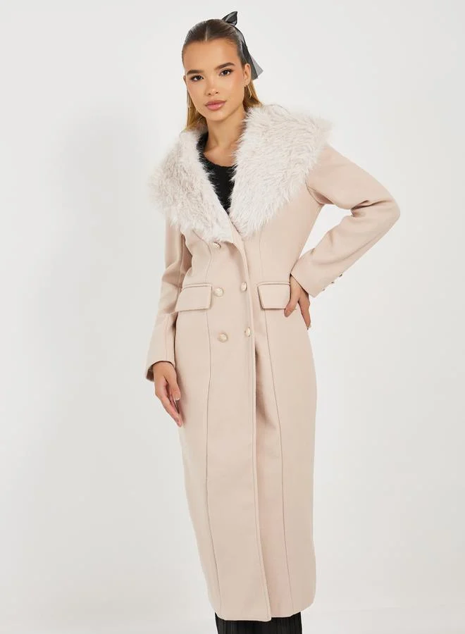 Styli Regular Fit Double Breasted Wool Like Coat with Faux Fur Collar