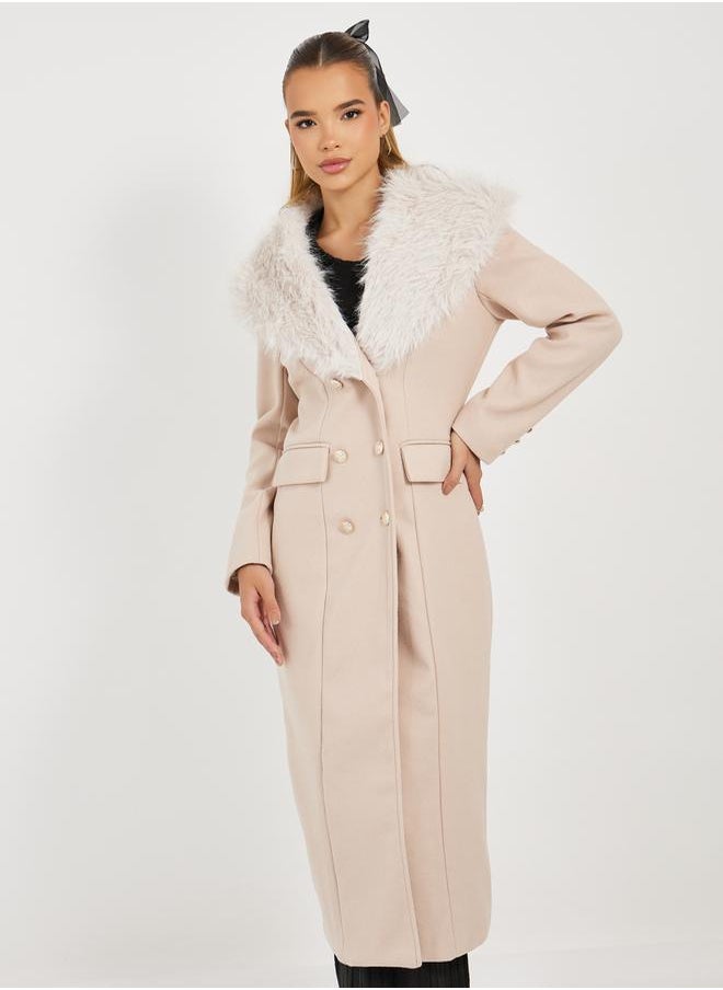 Styli - Regular Fit Double Breasted Wool Like Coat with Faux Fur Collar - Image 1
