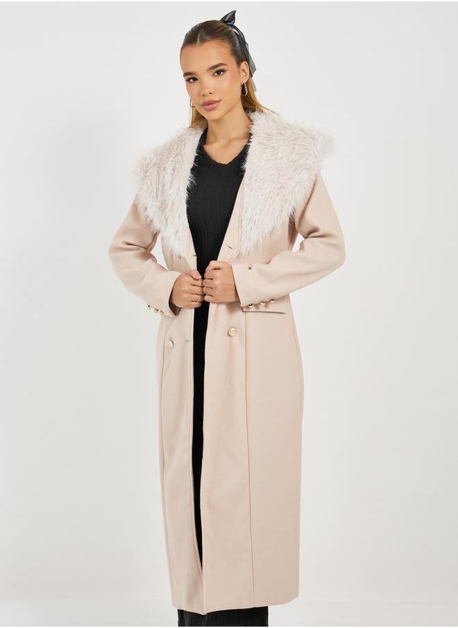 Styli - Regular Fit Double Breasted Wool Like Coat with Faux Fur Collar - Image 1