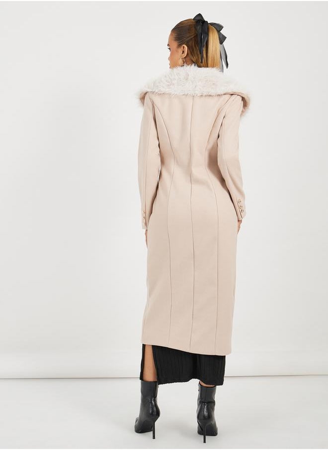 Styli - Regular Fit Double Breasted Wool Like Coat with Faux Fur Collar - Image 1