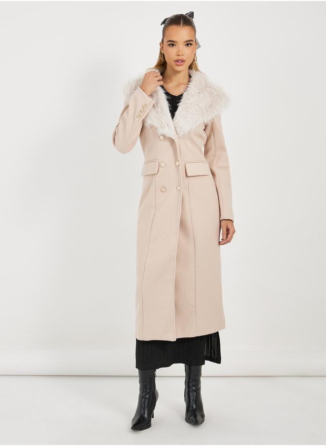 Styli - Regular Fit Double Breasted Wool Like Coat with Faux Fur Collar - Image 1