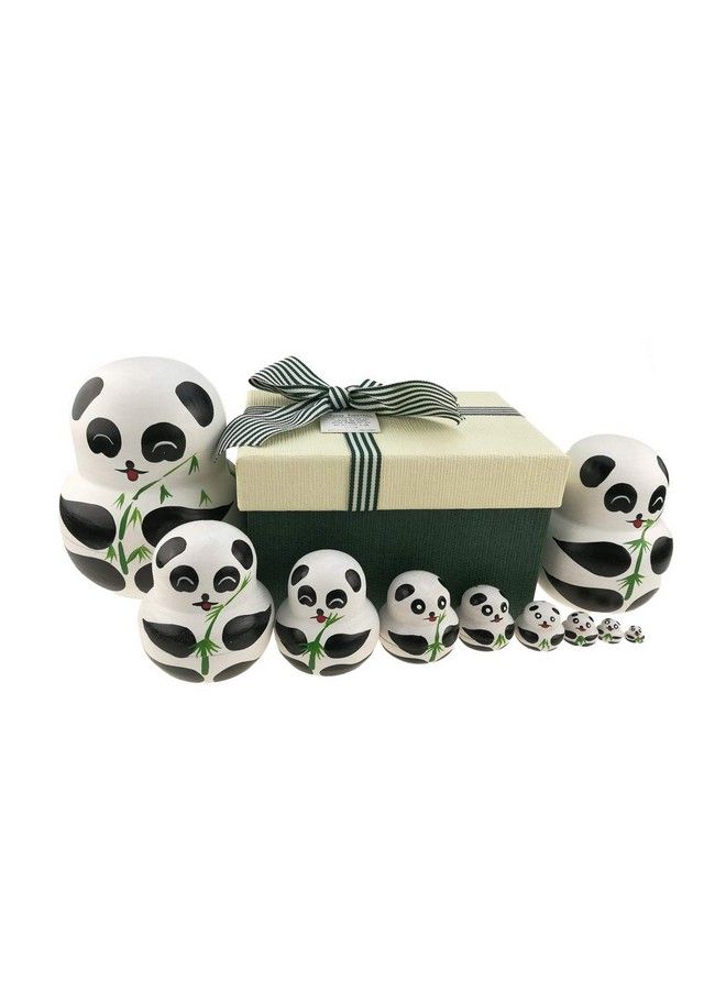 Apol Set Of 10 Big Belly Wooden Handmade Panda Bear With Bamboo Nesting Dolls Matryoshka Russian Doll In A Box With Bow For Kids Toy Home Decoration New Year - Image 1
