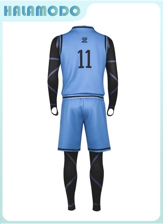 HALAMODO - Blue Lock Anime Isagi Yoichi No.11 Basketball Jersey Set, Full Uniform with Onesie, Top & Shorts, Cosplay Costume for Men & Women, Double-Sided Print, Blue/Black, Size XL - Image 1