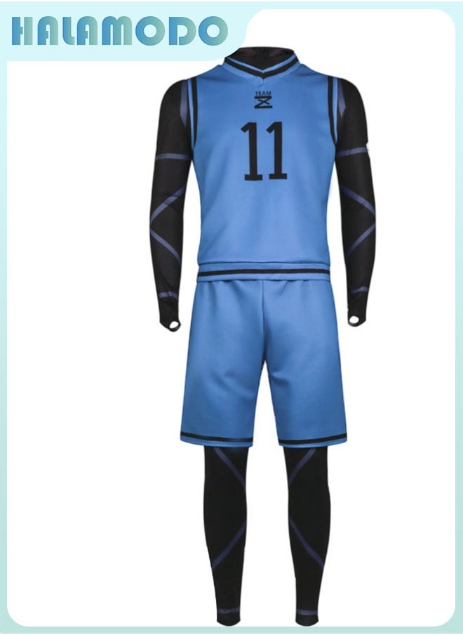 HALAMODO - Blue Lock Anime Isagi Yoichi No.11 Basketball Jersey Set, Full Uniform with Onesie, Top & Shorts, Cosplay Costume for Men & Women, Double-Sided Print, Blue/Black, Size XL - Image 1