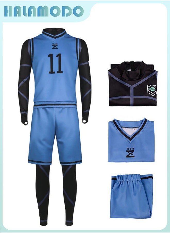 HALAMODO - Blue Lock Anime Isagi Yoichi No.11 Basketball Jersey Set, Full Uniform with Onesie, Top & Shorts, Cosplay Costume for Men & Women, Double-Sided Print, Blue/Black, Size XL - Image 1