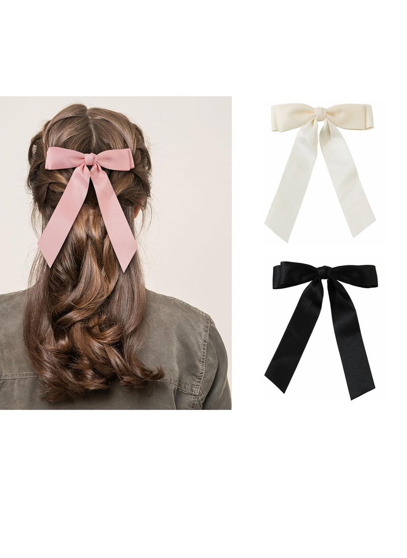 SimleShine 3pcs Ribbon bow Hair Clips Hair Accessories for girls and women in fashion style French barrette with Silky Satin (pink,white,black) for Thick or Thin hair  - Image 2
