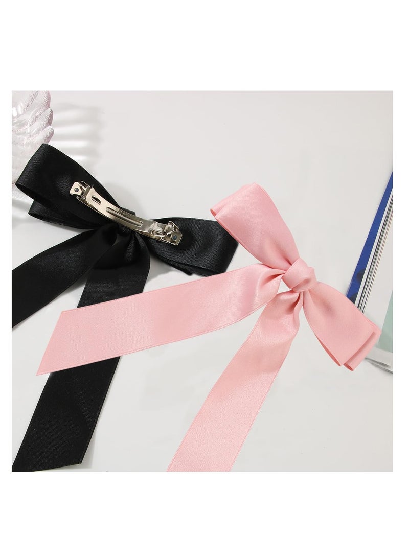 SimleShine 3pcs Ribbon bow Hair Clips Hair Accessories for girls and women in fashion style French barrette with Silky Satin (pink,white,black) for Thick or Thin hair  - Image 4