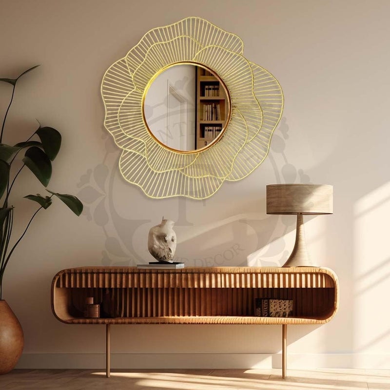FUNTEREST Decorative Wall Mounted Round Hanging Mirror Vintage Flower Leaf Design Golden Modern Art Mirror for Living Room, Home Decor (Mirror - 10 Inch) - Image 2