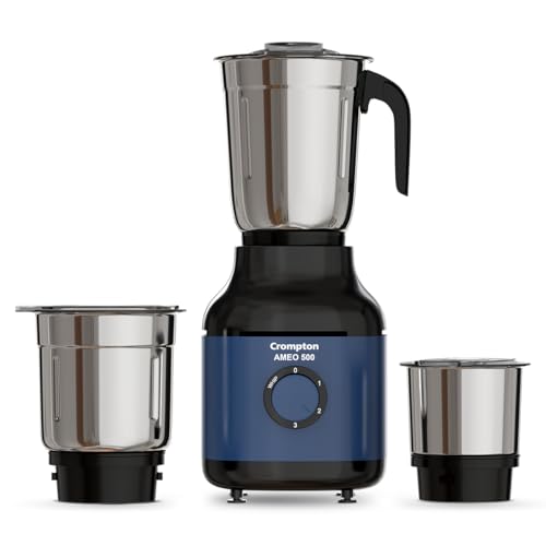 Crompton Ameo 500W Mixer Grinder with Powertron Motor & Motor Vent-X Technology, Robust design (3 Stainless Steel Jars, Blue and Black) - Image 1