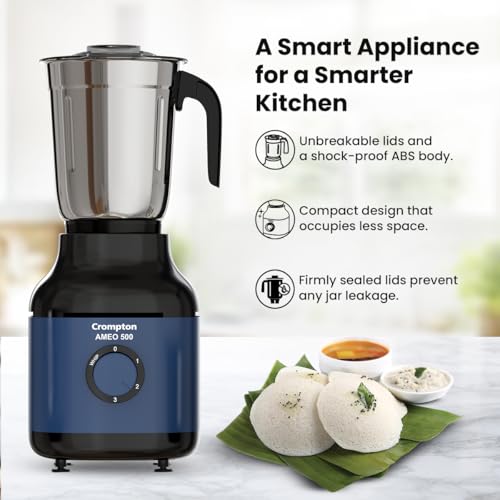 Crompton Ameo 500W Mixer Grinder with Powertron Motor & Motor Vent-X Technology, Robust design (3 Stainless Steel Jars, Blue and Black) - Image 4