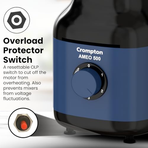 Crompton Ameo 500W Mixer Grinder with Powertron Motor & Motor Vent-X Technology, Robust design (3 Stainless Steel Jars, Blue and Black) - Image 3