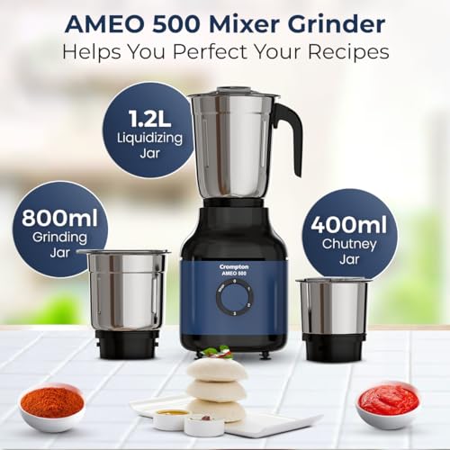 Crompton Ameo 500W Mixer Grinder with Powertron Motor & Motor Vent-X Technology, Robust design (3 Stainless Steel Jars, Blue and Black) - Image 5