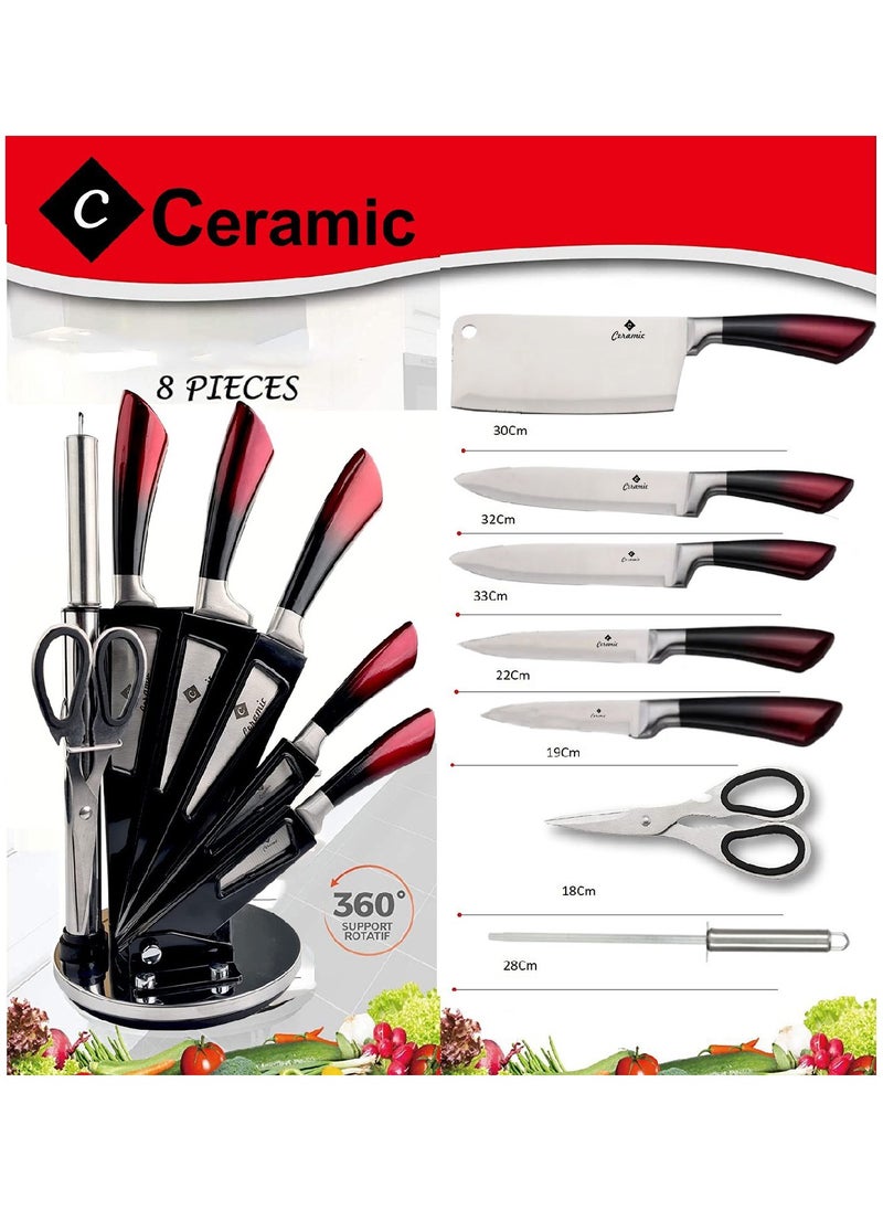 CERAMIC طقم سكاكين المطبخ مع حامل سكاكين أكريليك - مبراة سكاكين ومقص مقابض مريحة غير قابلة للانزلاق شفرة حادة مقطوعة بالليزر جودة الشيف من الفولاذ المقاوم للصدأ 8 قطع باللون الأحمر  - Image 2