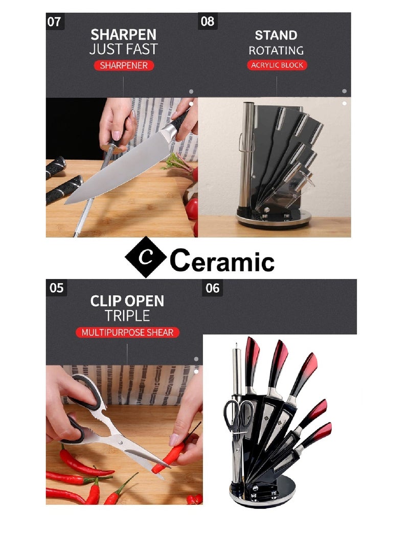 CERAMIC طقم سكاكين المطبخ مع حامل سكاكين أكريليك - مبراة سكاكين ومقص مقابض مريحة غير قابلة للانزلاق شفرة حادة مقطوعة بالليزر جودة الشيف من الفولاذ المقاوم للصدأ 8 قطع باللون الأحمر  - Image 4