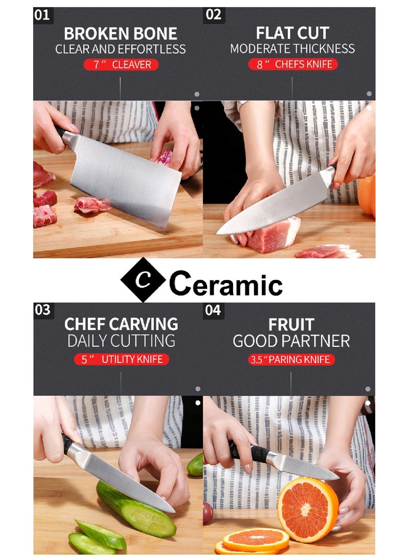 CERAMIC طقم سكاكين المطبخ مع حامل سكاكين أكريليك - مبراة سكاكين ومقص مقابض مريحة غير قابلة للانزلاق شفرة حادة مقطوعة بالليزر جودة الشيف من الفولاذ المقاوم للصدأ 8 قطع باللون الأحمر  - Image 3
