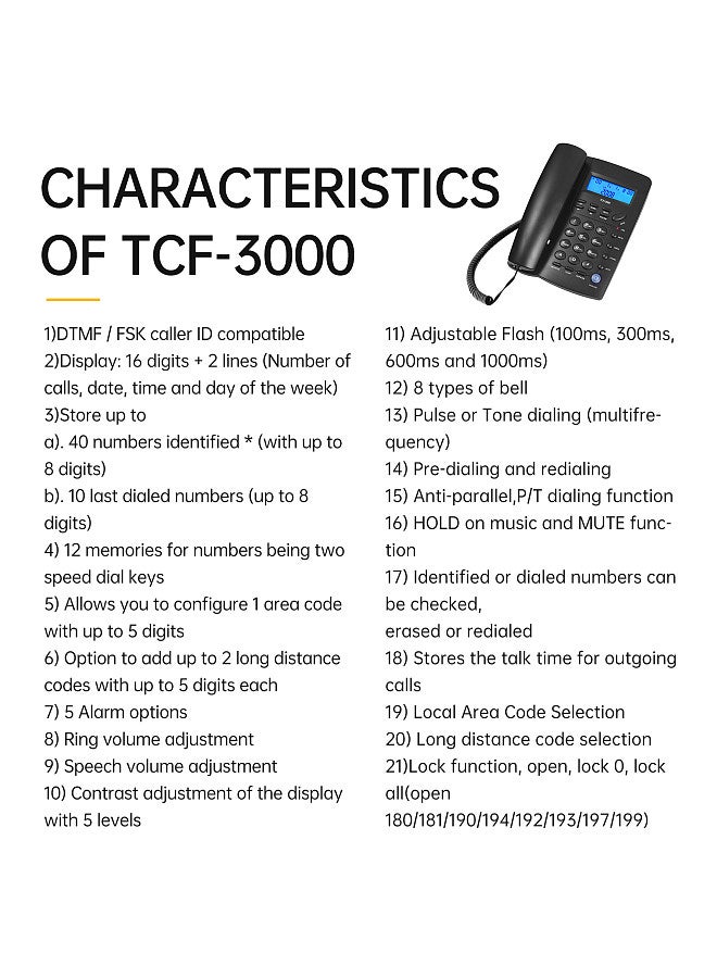 Generic TCF3000 Black Corded Phone with Memory Key Landline Phone Telephone Support Hands-Free/Redial/Flash/Speed Dial/Ring Volume Control for Elderly Seniors Home Office Business Hotel  - Image 5