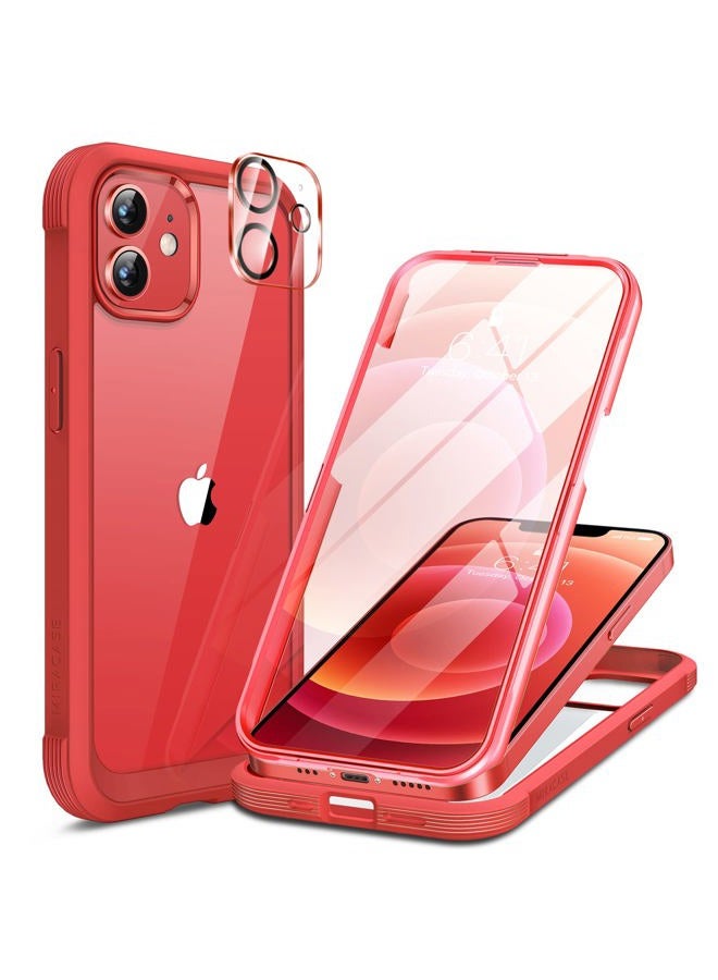 Miracase Glass Series for iPhone 12/12 Pro Case 6.1 inch, Upgraded Full-Body Rugged Phone Bumper Case Cover with Built-in 9H Tempered Glass Screen Protector and Camera Protector, Red - Image 1