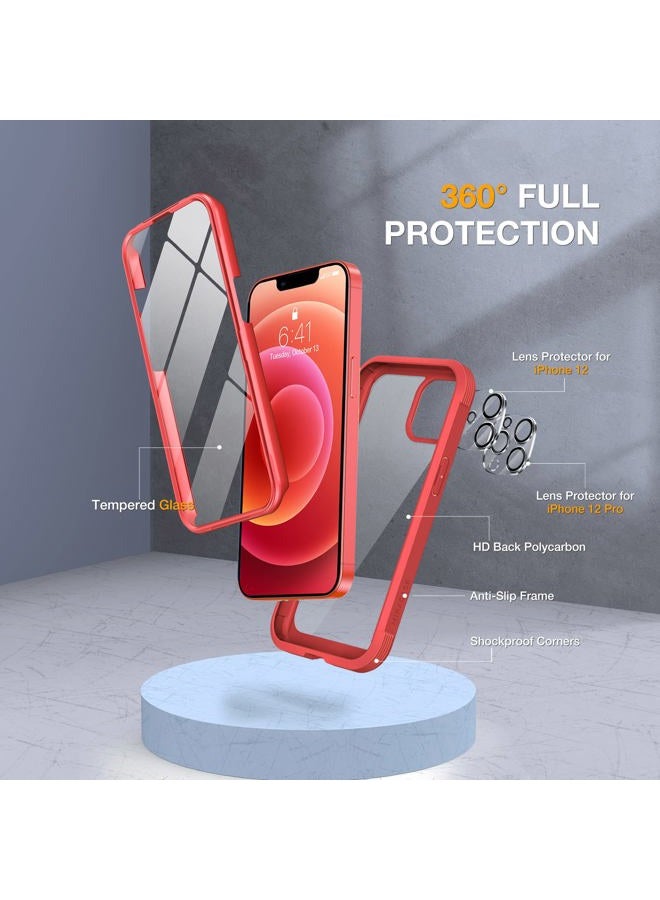 Miracase Glass Series for iPhone 12/12 Pro Case 6.1 inch, Upgraded Full-Body Rugged Phone Bumper Case Cover with Built-in 9H Tempered Glass Screen Protector and Camera Protector, Red - Image 2
